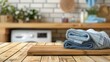 Empty wooden board with towels on blurred background of washing machine in home laundry. Place for product mounting and advertising Generative Ai
