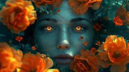 Caravagio surreal lovely woman face with colour eyes shine and background flowers, created by ai