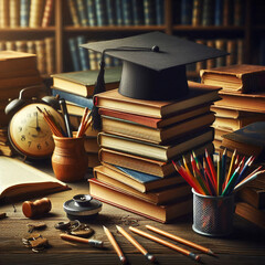 A graduation cap rests on a stack of textbooks, symbolizing the accomplishment of academic goals.