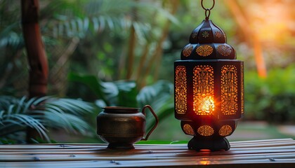 Canvas Print - Silhouette of glowing Moroccan ornamental lantern with bronze tea cup.