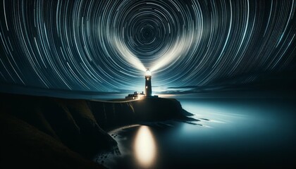 A tranquil night scene featuring the silhouette of a lighthouse on a cliff, its powerful beam cutting through a sky filled with circular star trails.