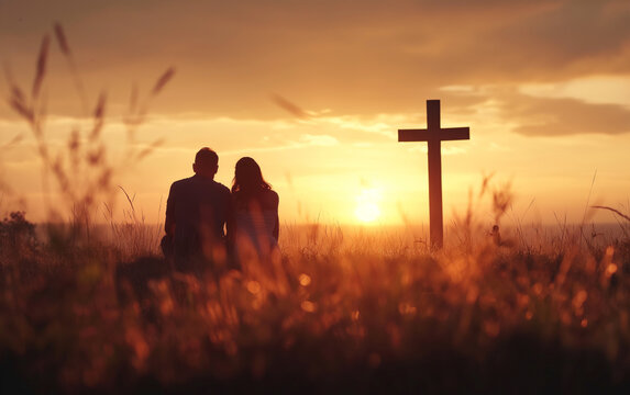 Couple praying together in a field with cross at sunset.
