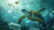 © Irfan - Plastic pollution with turtles swimming underwater between discarded plastic bottles.