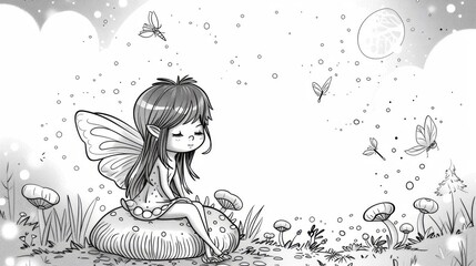 Coloring page for kid, a cute cartoon fairy is sitting on a mushroom in the moonlight surrounded by flowers and butterflies.