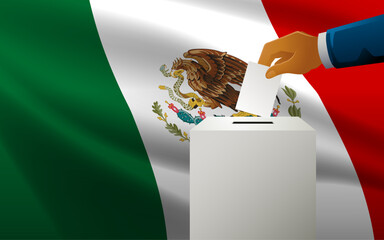 Celebrate democracy in Mexico with this vector illustration, featuring a voting box with Mexican flag as the backdrop, election day, copy space for customized messaging or event details