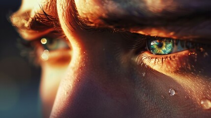 Close-up of tearful young man's eyes, emotional portrait of a crying person, sorrowful expression, human emotion concept, sadness and despair, tear drops, mental health awareness, real people, authent