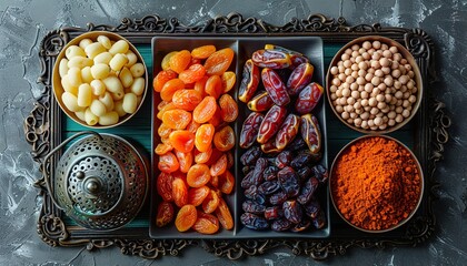 Canvas Print - Top view, a flat lay with dates, Dried fruits, a lantern in a tray on a gray background 