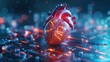 A visually stunning 3D rendering image showing diagnostic tests and screenings for assessing heart health, including cholesterol levels, blood pressure, and stress tests