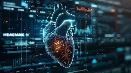 Poster - 3D rendering image depicting advanced monitoring technologies for continuous assessment of heart function and cardiovascular parameters, including implantable devices and mobile health applications