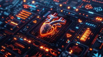 Poster - 3D rendering image showing modern technologies for monitoring heart health, including electrocardiography (ECG), echocardiography, and cardiac MRI