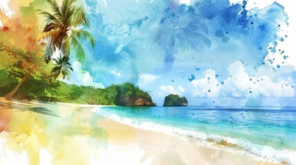 Wall Mural - A tranquil beach scene with the addition of colorful watercolor splatters adding an artistic touch to the natural beauty of the landscape..