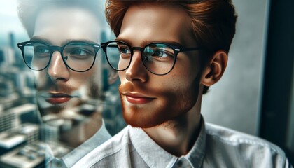 A close-up portrait of a person wearing glasses, with red hair and a light beard.