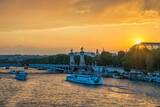 Fototapeta  - Paris France, city skyline sunset at Seine River with Pont Alexandre III bridge and Grand Palais