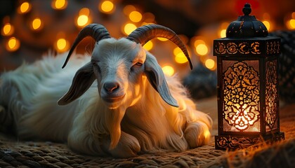 Wall Mural - White goat next to a Moroccan lantern