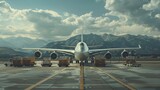 Fototapeta  - the cargo plane's smooth landing and the subsequent unloading of cargo onto airport tarmac, with ground crew and equipment against the natural scenery of the destination airport