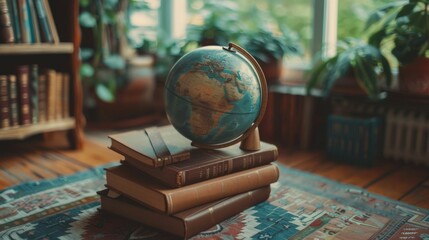 learning journey a stack of educational books and a globe, encouraging curiosity and exploration of 