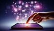 © FantasyLand86 - A series of digital icons representing different communication tools like chat, video calls, and email floating above a tablet screen with a hand.