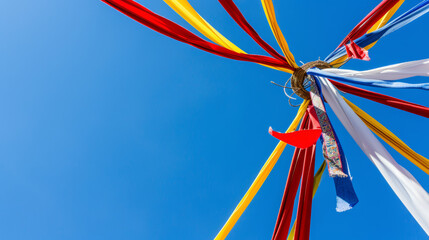 Colorful ribbons against blue sky from a maypole or festival decoration