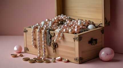 Chest with pink pearls and coins made of wood isolated pastel .generative.ai