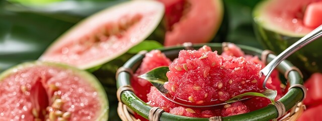 Sticker - a Close-up of a spoon with watermelon jam in a bamboo basket