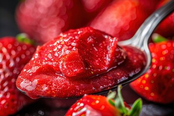 Wall Mural - Strawberry jam puree in spoon close-up macro photography, selective focus