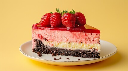 Wall Mural - Close-up photograph featuring a slice of strawberry cheesecake in the foreground, accompanied by a slice of black forest cake. The cakes are set against a warm yellow background.