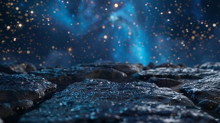 Wall Mural - Close-up of a reflective volcanic rock floor with a night sky in the background, featuring bright stars. This realistic digital artwork is rendered in 4K resolution, showcasing a beautiful rock floor 