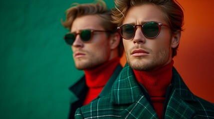 Wall Mural - Two men in stylish matiching outfits - green jackets and red sweaters - Christmas style - sunglasses - green background 