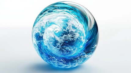 Dynamic 3D digital artwork featuring a transparent glass sphere against a white background. Inside the sphere, a portal reveals a mesmerizing blue universe