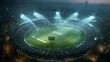 © Yusif - A nautical product photo featuring an oval sports stadium with floodlights, offering a hyper-realistic wide view of a cricket pitch in a city