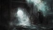 Chilling depiction of a basement with a door cracked open, light spilling out to reveal a hellish ring gate, the room filled with smoke and draped in dark mist