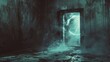 Chilling depiction of a basement with a door cracked open, light spilling out to reveal a hellish ring gate, the room filled with smoke and draped in dark mist