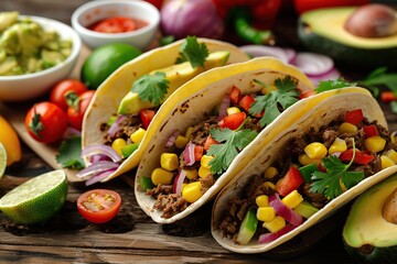 Mexican tacos with meat, vegetables and cilantro on wooden background