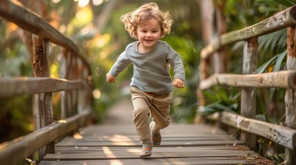 Wall Mural - A young child is running across a wooden bridge