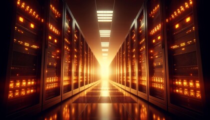 A perspective of a server room with rows of network servers emitting a warm, orange light, suggesting activity and processing power.