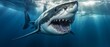 Close-up shot of a great white shark in deep blue water, sharp teeth visible, conveying danger and power,