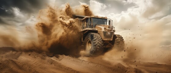 Large construction vehicle moving dirt, focus on power and movement, dust cloud around,