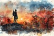 Soldier Standing Alone at Sunset on Rocky Terrain Reflects on Service and Sacrifice in a Captivating Watercolor Memorial Day Illustration
