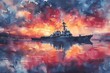 Majestic Warship at Sunset in Calm Waters Captured in Vibrant Watercolor Symbolizes Strength and Remembrance on Memorial Day
