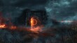 Terrifying night scene in an open field, featuring a glowing door in a dungeon, surrounded by hellfire, dense smoke, and a shrouded ring gate
