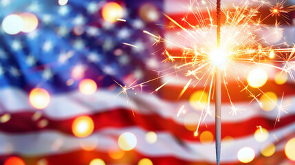 American flag with fireworks and bokeh lights