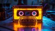 Neon cassette evoking 90s nostalgia and music listening experience . Concept 90s Nostalgia, Music Listening Experience, Neon Cassette, Retro Vibes