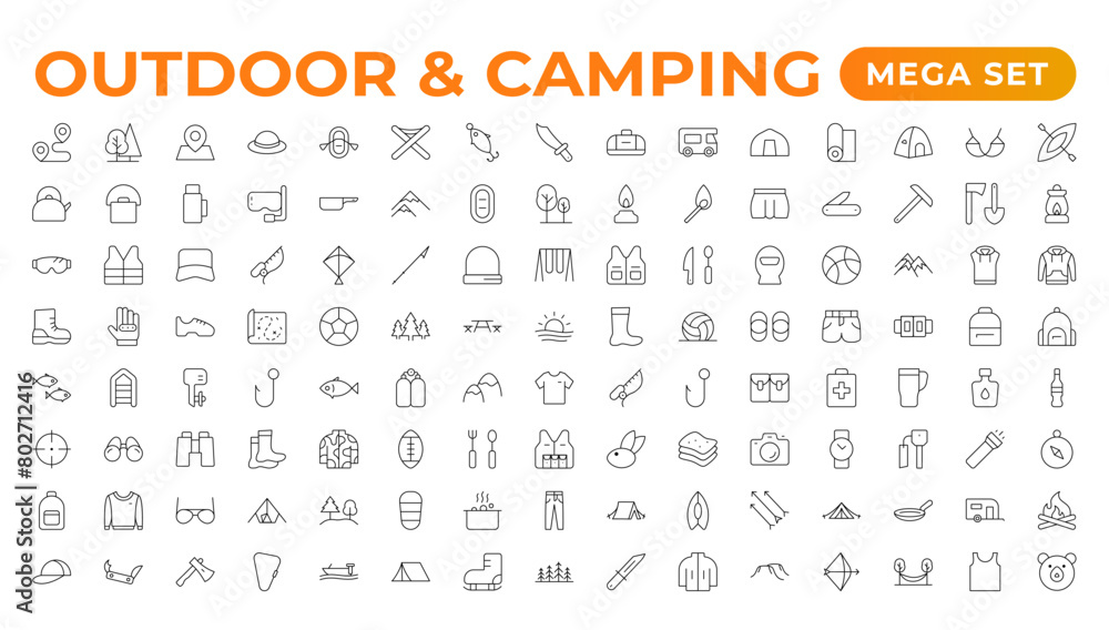 Camping and outdoor activities isolated icons set. Set of tent, camper ...