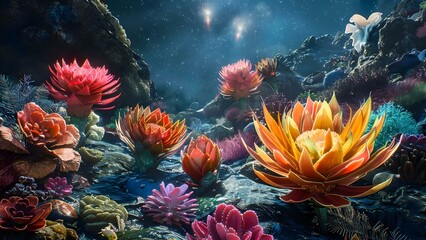 Vibrant alien plants under twin stars hint at diverse extraterrestrial life forms. Concept Alien Plant Life, Twin Stars, Extraterrestrial Life, Diverse Species