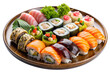 © N7 - Isolated Plate of Sushi: A plate of assorted sushi isolated on a transparent background, featuring nigiri, maki, and sashimi, perfect for Japanese restaurant menus and sushi bar illustrations.