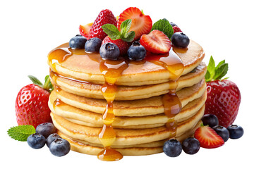 Isolated Pile of Pancakes: A stack of fluffy pancakes isolated on a transparent background, drizzled with syrup and topped with fruit, perfect for breakfast menus and brunch-themed designs.
