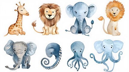  Charming Collection of Jungle Animals Painted in Watercolor, Displaying a Variety of Adorable Creatures