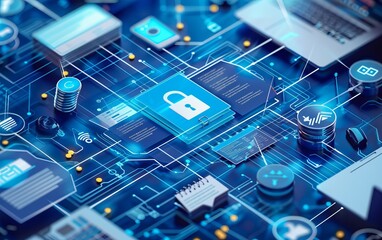 Wall Mural - Detailed cybersecurity network concept with a padlock symbol representing digital data protection on a circuit board background