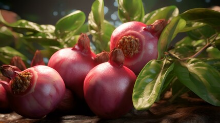 Wall Mural - Pomegranate with leaves on a black background. 3d illustration
