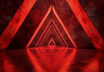 Canvas Print - Abstract image featuring a bright red neon triangle inside a dark, textured room